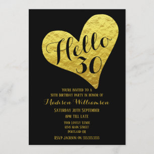 Invitation 30e anniversaire Bonjour 30 Cœur noir et doré faux