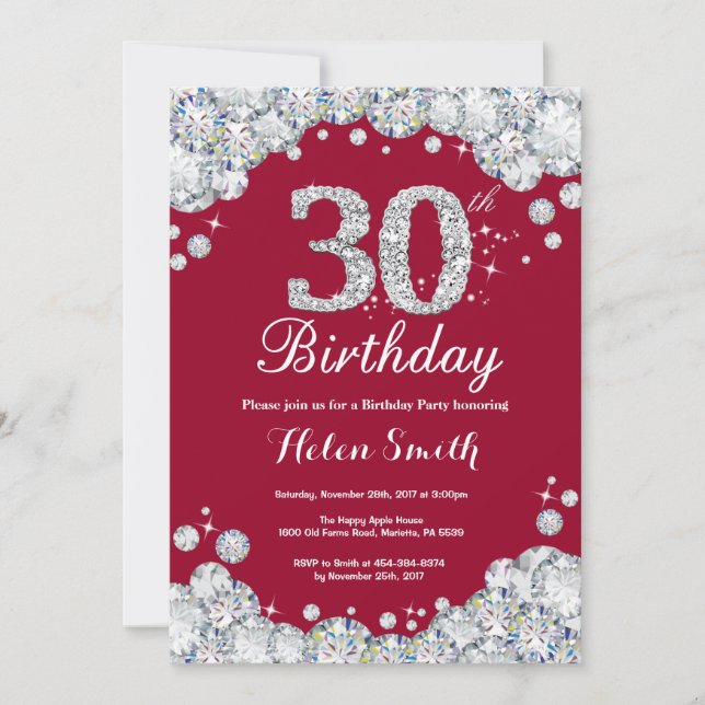 Invitation 30e anniversaire Bourgogne Rouge et Diamant Argent (Devant)