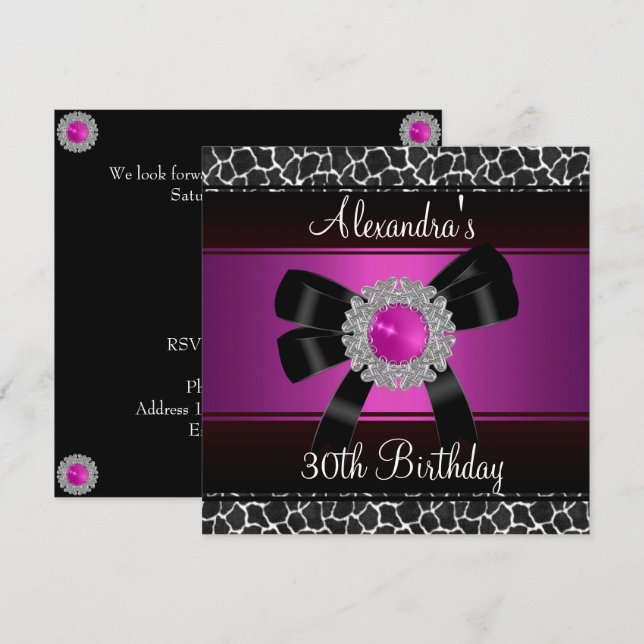 Invitation 30e anniversaire Bright Pink Giraffe Bijou d'argen (Devant / Derrière)