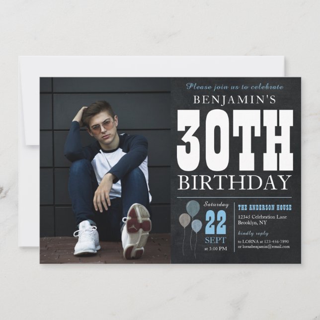 Invitation 30e anniversaire Chalkboard Blue Balloon Rustic Ph (Devant)