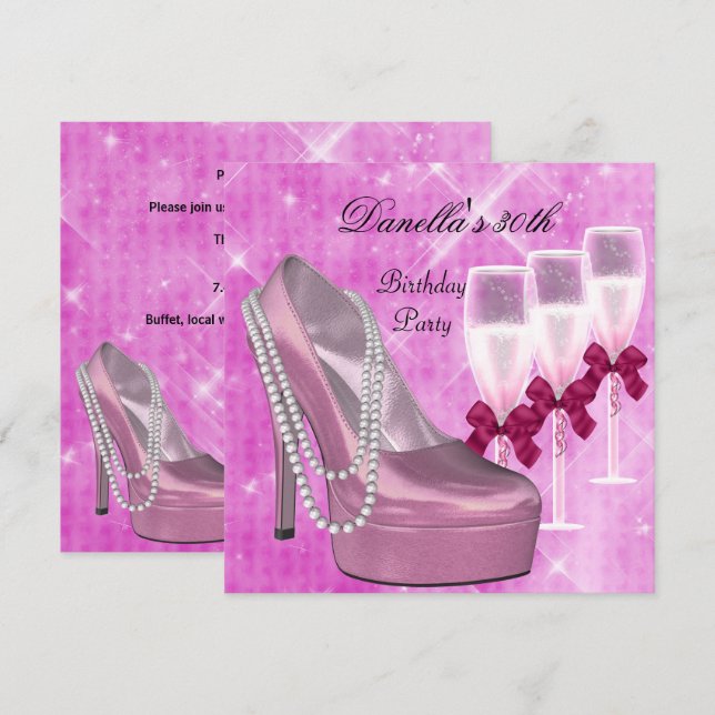 Invitation 30e Anniversaire Chaussures roses Hi Heels Champag (Devant / Derrière)