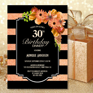 Invitation 30e anniversaire Coral rayé Diner fleur