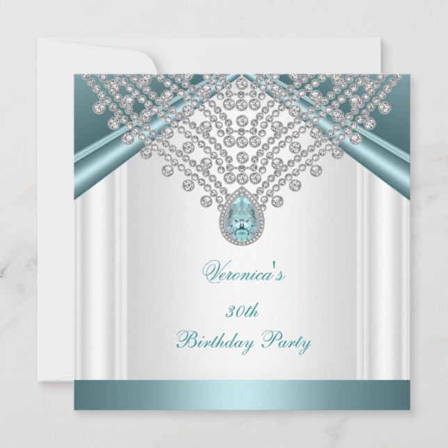 Invitation 30e anniversaire de fête Turquoise Bleu Diamants B (Devant)