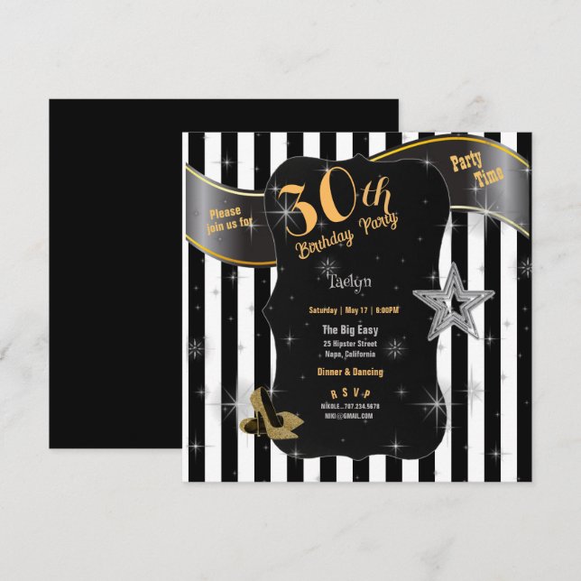 Invitation 30e anniversaire de la fête Black Stripes Gold Sti (Devant / Derrière)