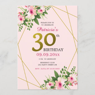 Invitation 30e anniversaire de la florale moderne rose et or