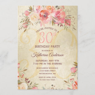Invitation 30e anniversaire de la Vintage Floral Pink Roses G