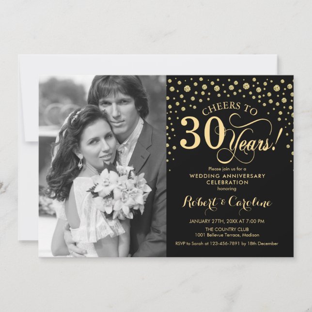 Invitation 30e anniversaire de mariage avec photo - Or Noir (Devant)