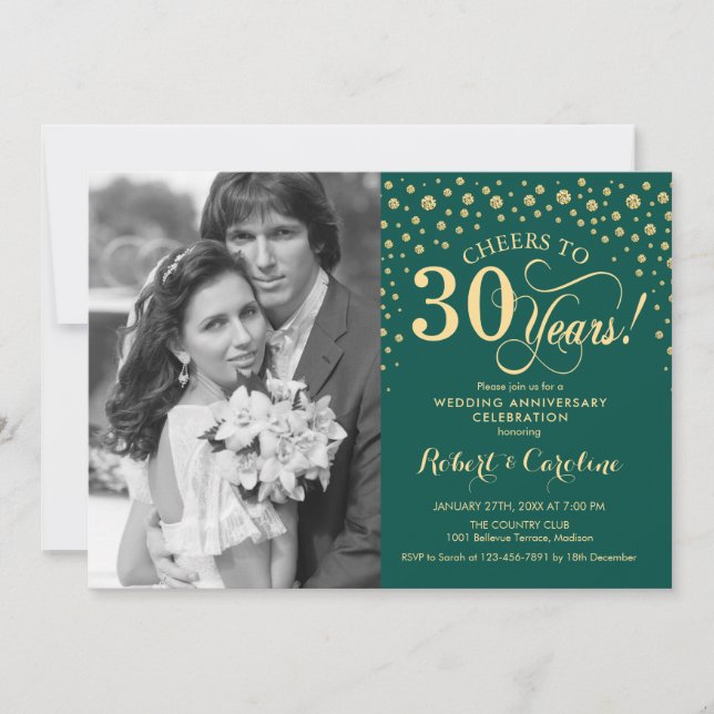 Invitation 30e anniversaire de mariage avec photo - Vert Or (Devant)