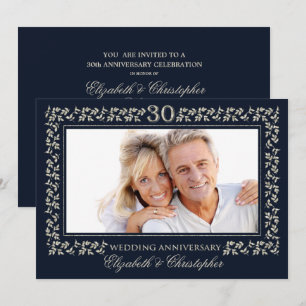 Invitation 30e Anniversaire de Mariage Bleu Marine Argent Pho