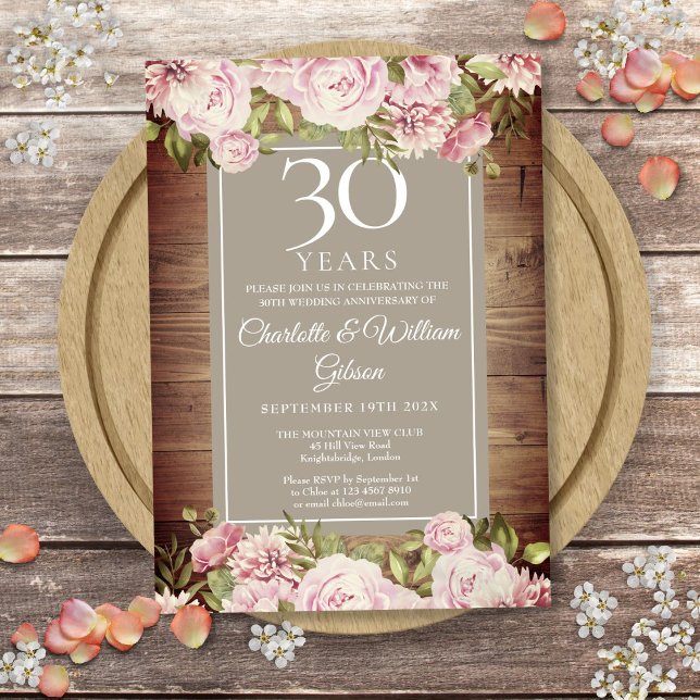 Invitation 30e anniversaire de Mariage Boho Rustic Roses Flor (30th Wedding Anniversary Boho Rustic Roses Floral Invitation)