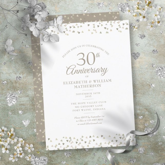 Invitation 30e Anniversaire de Mariage Cœurs de Perles Confet (30th Wedding Anniversary Pearl Hearts Confetti Invitation)