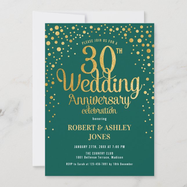 Invitation 30e anniversaire de mariage - Émeraude vert et or (Devant)