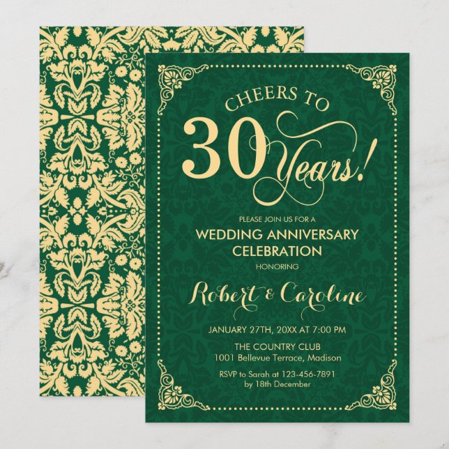 Invitation 30e anniversaire de mariage Émeraude verte Or Dama (Devant / Derrière)