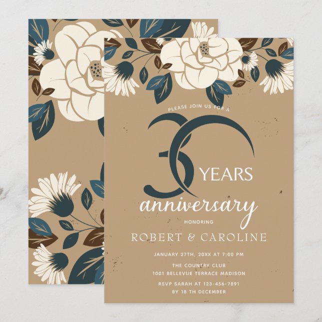 Invitation 30e anniversaire de mariage Floral Rustique (Devant / Derrière)