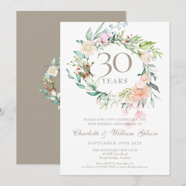 Invitation 30e Anniversaire de Mariage Perle Roses Feuillage (Devant / Derrière)