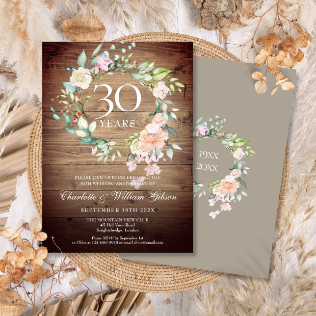 Invitation 30e anniversaire de mariage Roses rustiques Verdur (30th Wedding Anniversary Rustic Roses Greenery Invitation)