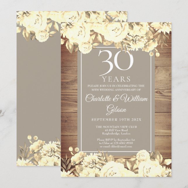Invitation 30e anniversaire de mariage Rustique Roses (Devant / Derrière)