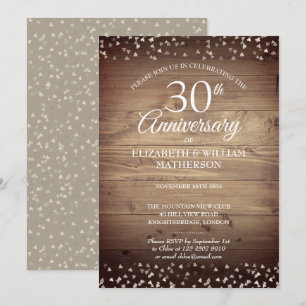Invitation 30e anniversaire de Pearl Confetti en bois rustiqu