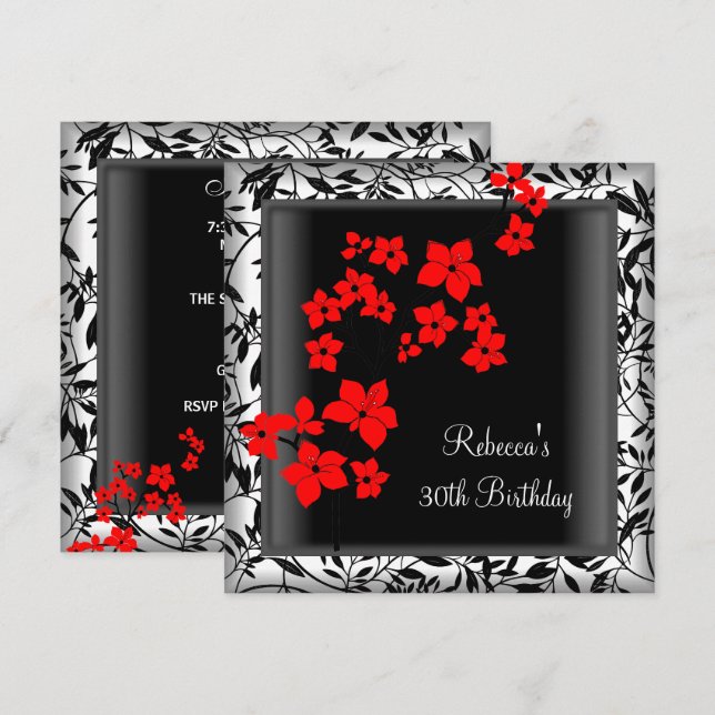 Invitation 30e anniversaire Elégant Asiatique Fleurs rouges B (Devant / Derrière)