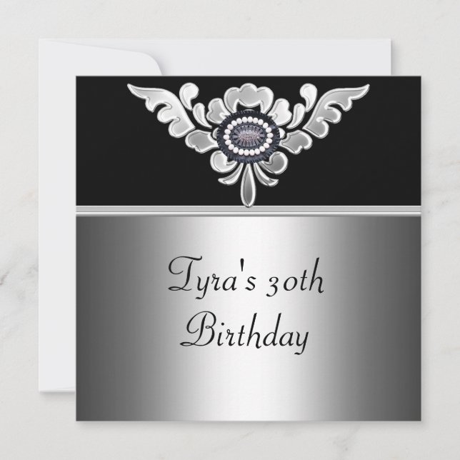 Invitation 30e anniversaire Elegant Black Silver Bijou blanc (Devant)