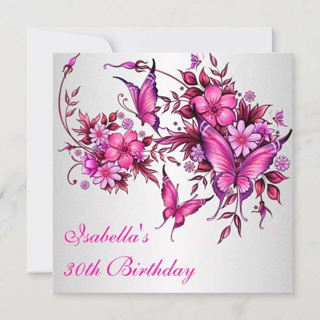 Invitation 30e anniversaire Elégant rose papillon floral blan (Devant)