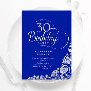 Invitation 30e anniversaire Elégant Royal Blue Roses d'argent