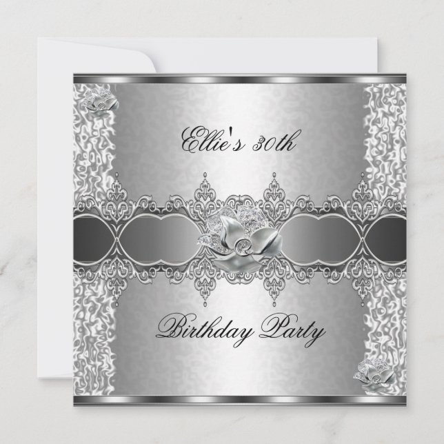 Invitation 30e anniversaire fête élégante bijou floral argent (Devant)
