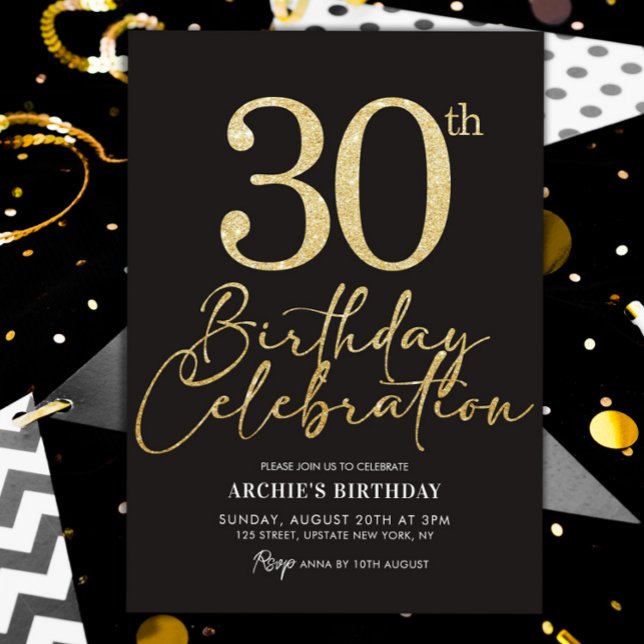 Invitation 30e anniversaire fête Elégante Parties scintillant (30th Birthday invitation Adult Personalized Template Black and gold)