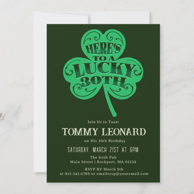 Invitation 30e anniversaire fête Lucky Shamrock irlandais (Devant)