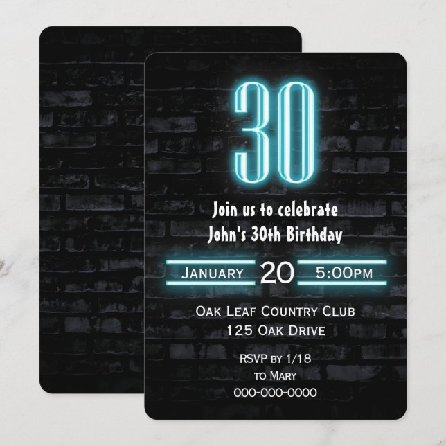 Invitation 30e anniversaire fête néon Connexion en brique (Devant / Derrière)