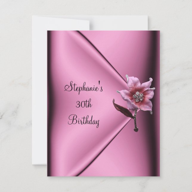 Invitation 30e anniversaire fête Soie rose Bijou floral (Devant)