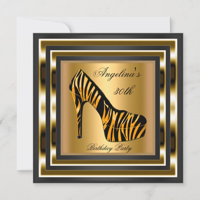 Invitation 30e Anniversaire Fête Zebra Wild Black Gold Chauss (Devant)