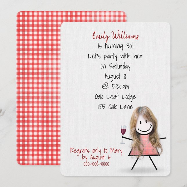 Invitation 30e anniversaire Fille avec vin (Devant / Derrière)