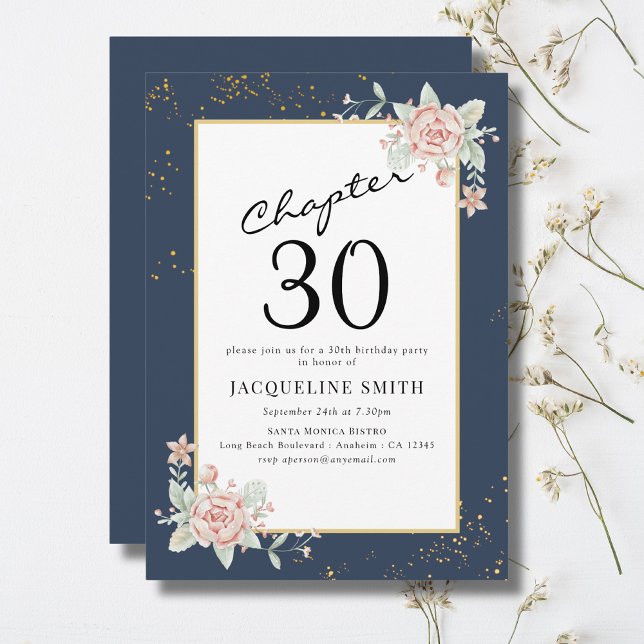 Invitation 30e anniversaire Floral (Personalized 30th birthday party invitation with pink flowers and blue background.)