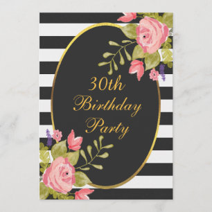 Invitation 30e anniversaire Floral Black White Stripes Gold F