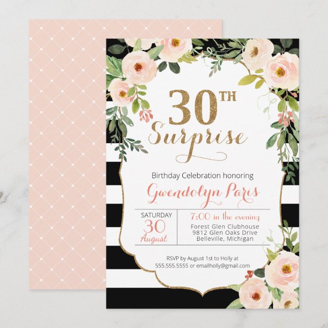 Invitation 30e Anniversaire floral surprise Noir blanc rayé (Devant / Derrière)