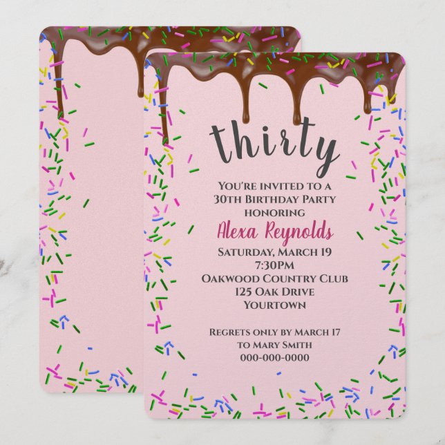 Invitation 30e Anniversaire Glacage au chocolat avec arrosage (Devant / Derrière)