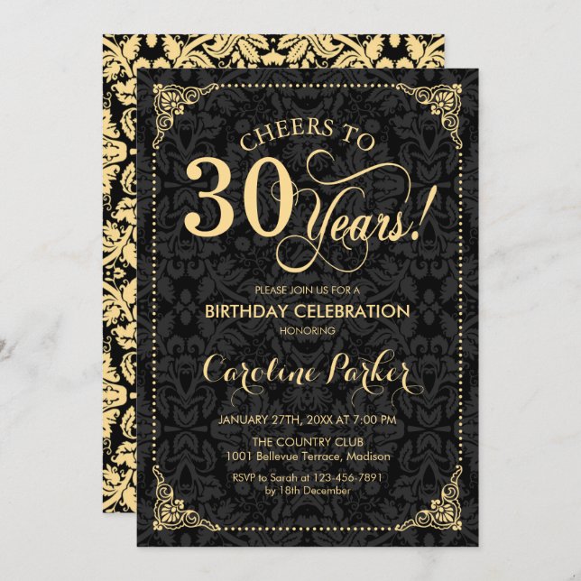 Invitation 30e anniversaire - Gold Black Damask (Devant / Derrière)