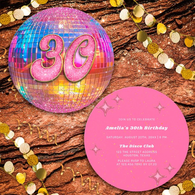 Invitation 30e anniversaire Gold Pink Parties scintillant Dis (Front/Back)