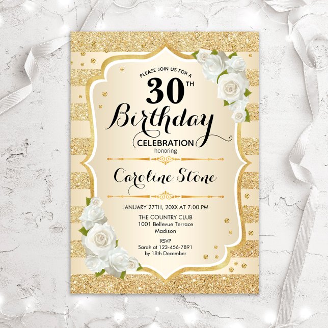 Invitation 30e anniversaire - Gold Stripes Roses blanches (Créateur téléchargé)