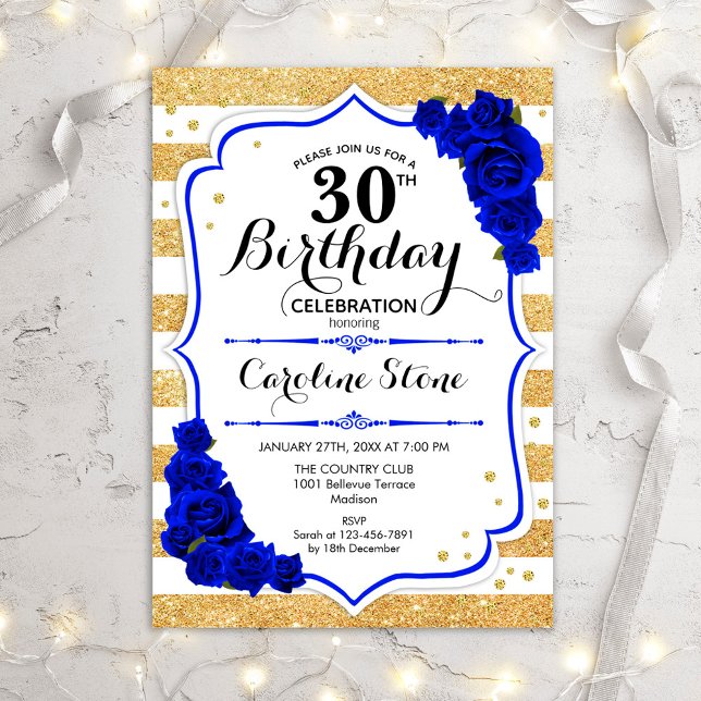Invitation 30e anniversaire - Gold Stripes Royal Blue Roses (Créateur téléchargé)