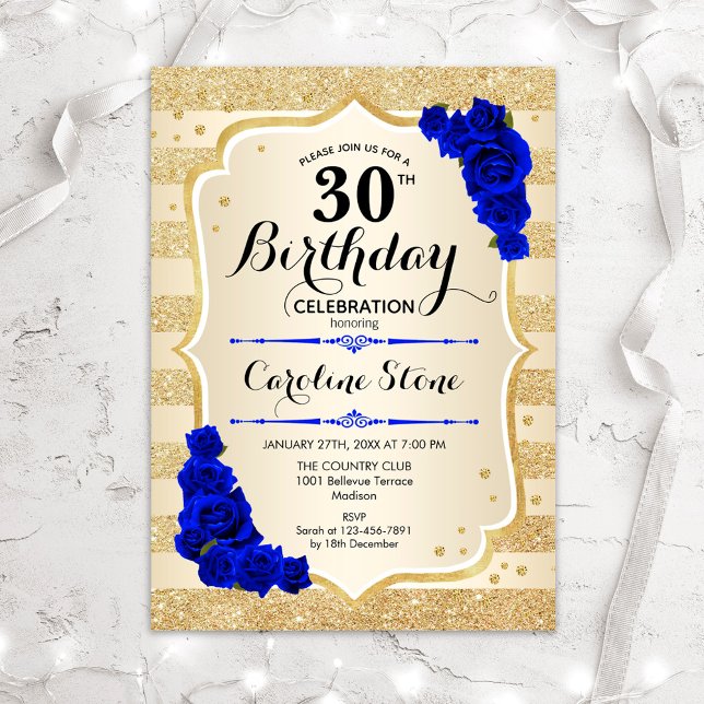 Invitation 30e anniversaire - Gold Stripes Royal Blue Roses (Créateur téléchargé)