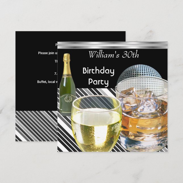 Invitation 30e anniversaire Hommes Boissons Black Silver Man (Devant / Derrière)