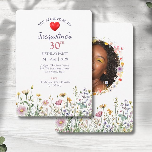 Invitation 30e anniversaire Jardin Floral Wild Meadow Photo (Floral 30th birthday party invitations on a grey wood background)