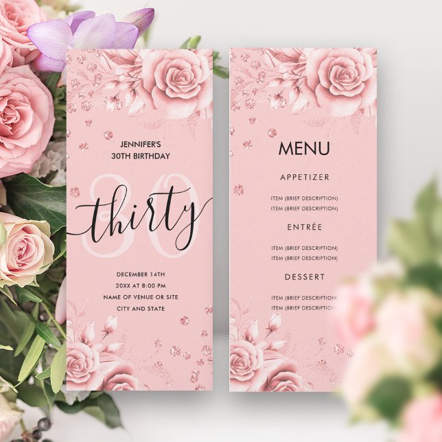 Invitation 30e anniversaire Menu Rose Gold Floral Parties sci (30th Birthday Menu Rose Gold Floral Glitter Invitation)