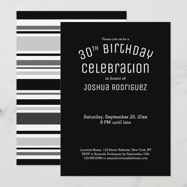 Invitation 30e anniversaire moderne noir blanc gris rayures (Devant / Derrière)