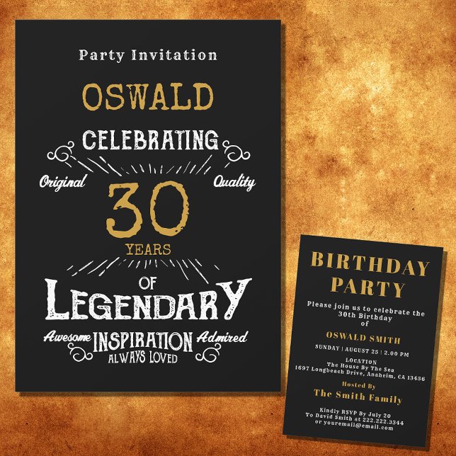 Invitation 30e anniversaire Né légendaire Black Gold Retro (For those celebrating their 30th birthday we have the ideal birthday party invitation)