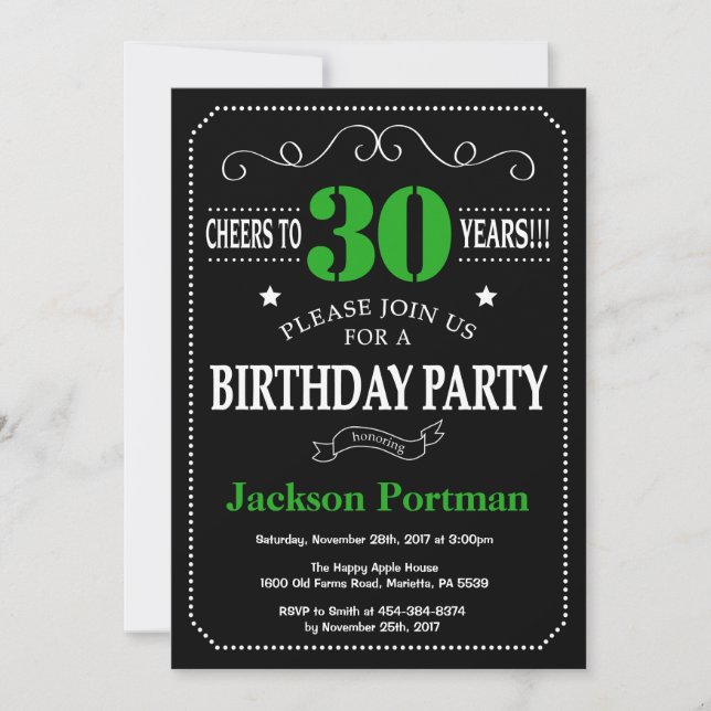 Invitation 30e anniversaire Noir et Vert Chalkboard (Devant)