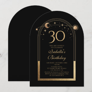 Invitation 30e Anniversaire Noir Or Céleste Soleil Lune Étoil