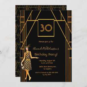 Invitation 30e anniversaire or noir 1920's art déco